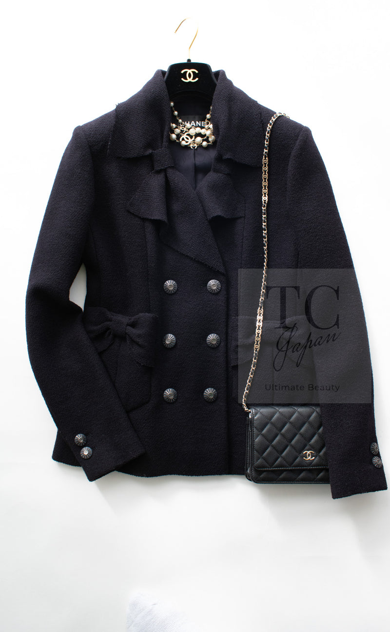 CHANEL 16B Dark Navy Bow Accents Wool Tweed Jacket 40 シャネル ダーク ネイビー リボン装飾 ウール ツイード ジャケット 即発