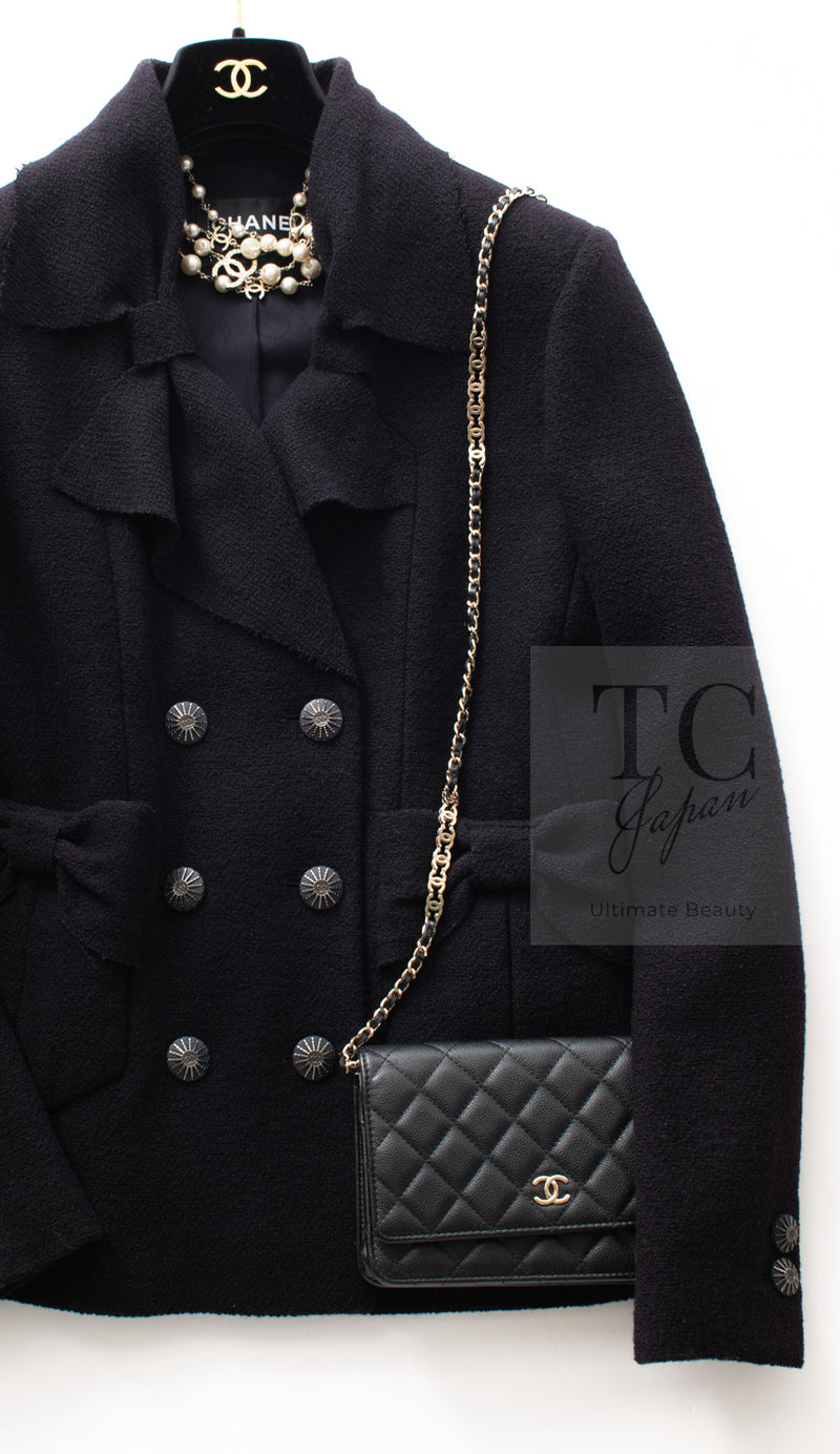 CHANEL 16B Dark Navy Bow Accents Wool Tweed Jacket 40 シャネル ダーク ネイビー リボン装飾 ウール ツイード ジャケット 即発