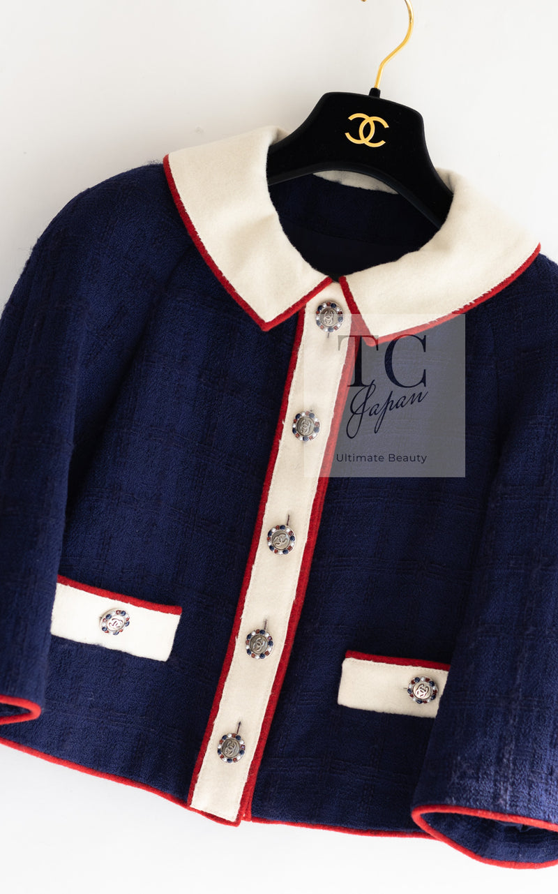 CHANEL 15PF Navy Ivory Red Wool Jacket Skirt Suit 34 36 38 シャネル ネイビー アイボリー レッド ウール ジャケット スカート スーツ 即発