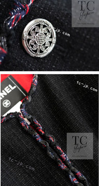 CHANEL 10PF Black Red Trimming Wool Tweed Collarless Jacket 34 シャネル ブラック レッド トリミング ウール ツイード ノーカラー ジャケット 即発