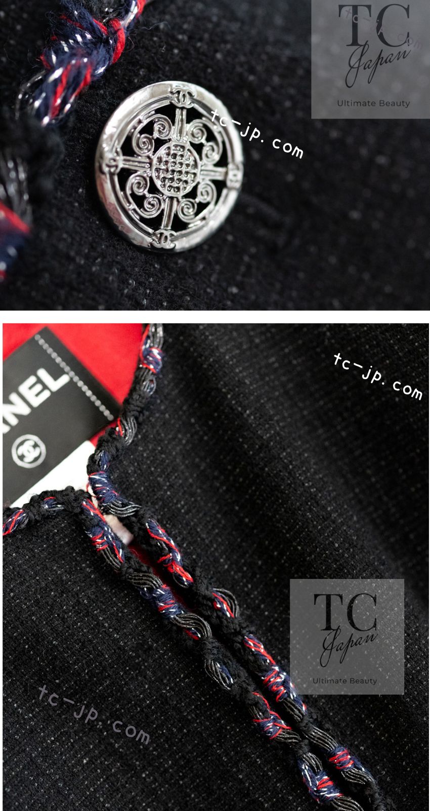 CHANEL 10PF Black Red Trimming Wool Tweed Collarless Jacket 34 シャネル ブラック レッド トリミング ウール ツイード ノーカラー ジャケット 即発