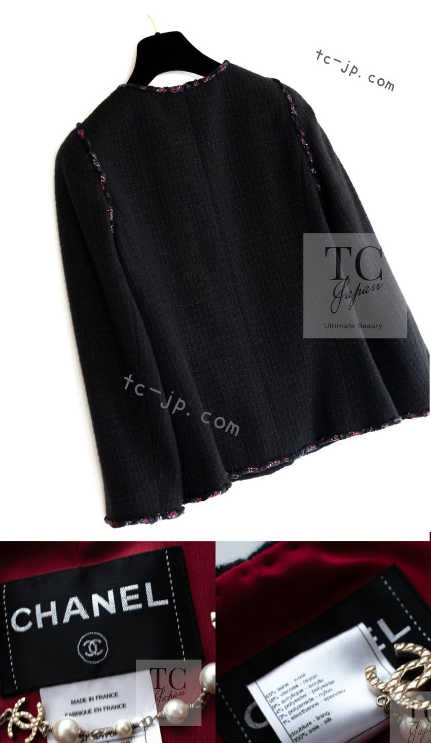 CHANEL 10PF Black Red Trimming Wool Tweed Collarless Jacket 34 シャネル ブラック レッド トリミング ウール ツイード ノーカラー ジャケット 即発