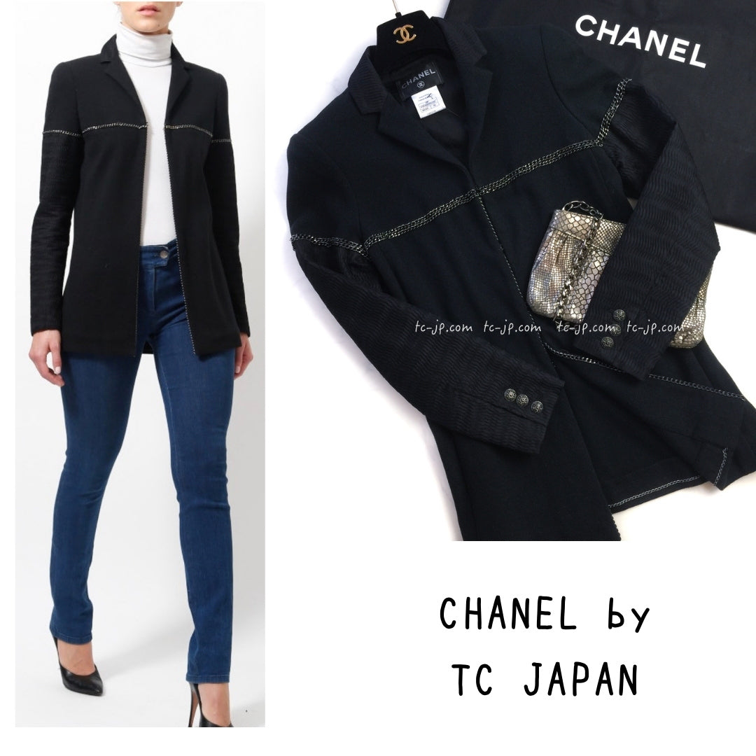 CHANEL Black Chain Trim Cotton Jacket 38 シャネル ブラック チェーン トリミング コットン ジャケット 即発