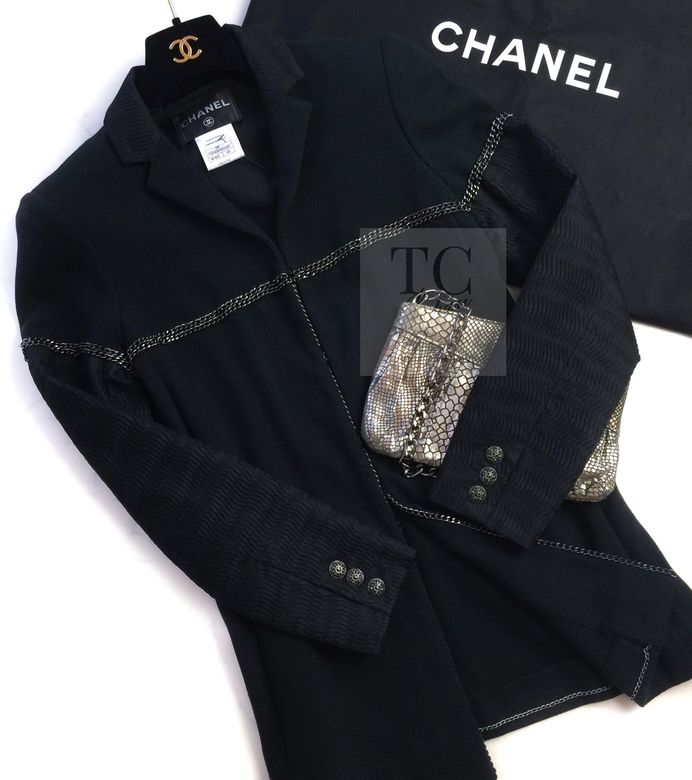 CHANEL Black Chain Trim Cotton Jacket 38 シャネル ブラック チェーン トリミング コットン ジャケット 即発