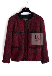 CHANEL 11A Red Black Zipper Collarless Braid Trim Tweed Jacket 38 シャネル レッド ブラック ジッパー ノーカラー ブレード トリム ツイード ジャケット 即発