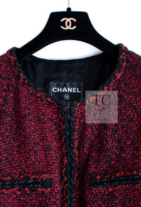 CHANEL 11A Red Black Zipper Collarless Braid Trim Tweed Jacket 38 シャネル レッド ブラック ジッパー ノーカラー ブレード トリム ツイード ジャケット 即発