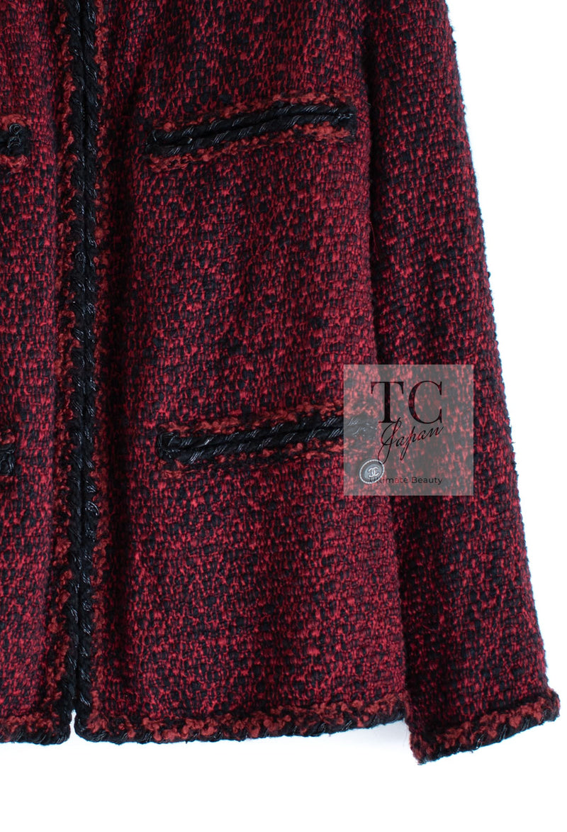 CHANEL 11A Red Black Zipper Collarless Braid Trim Tweed Jacket 38 シャネル レッド ブラック ジッパー ノーカラー ブレード トリム ツイード ジャケット 即発