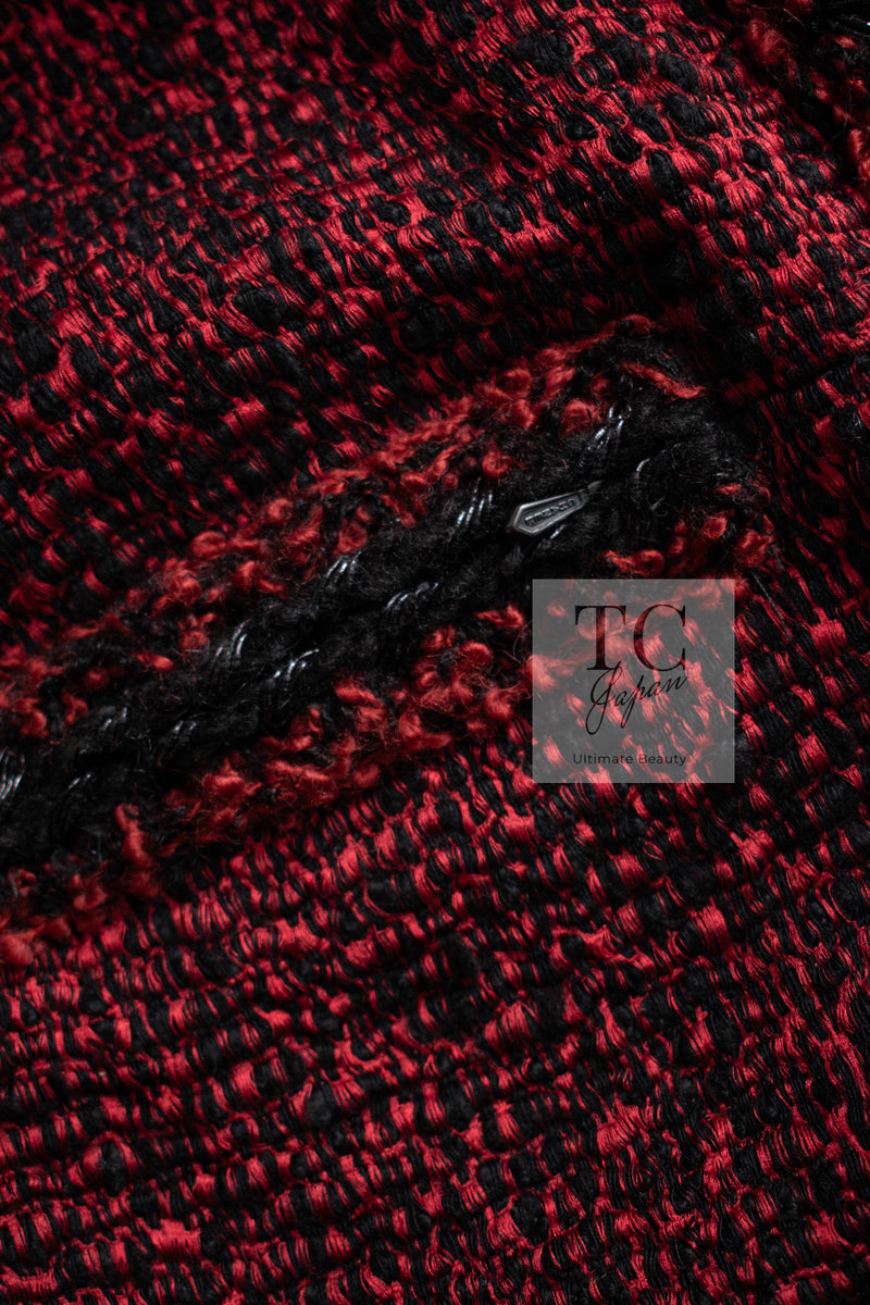 CHANEL 11A Red Black Zipper Collarless Braid Trim Tweed Jacket 38 シャネル レッド ブラック ジッパー ノーカラー ブレード トリム ツイード ジャケット 即発