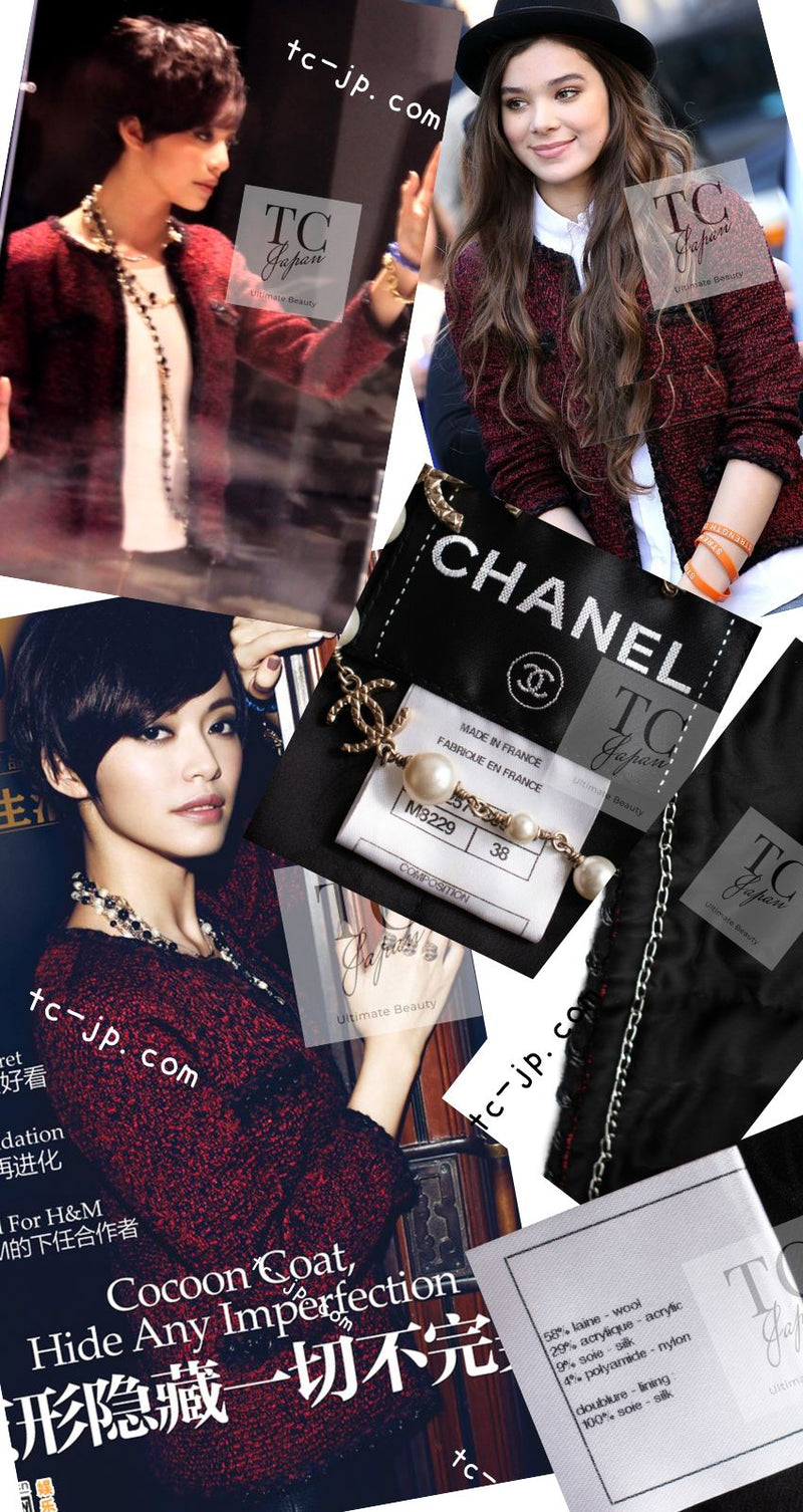 CHANEL 11A Red Black Zipper Collarless Braid Trim Tweed Jacket 38 シャネル レッド ブラック ジッパー ノーカラー ブレード トリム ツイード ジャケット 即発