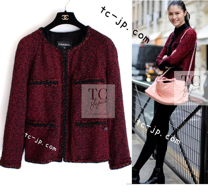 CHANEL 11A Red Black Zipper Collarless Braid Trim Tweed Jacket 38 シャネル レッド ブラック ジッパー ノーカラー ブレード トリム ツイード ジャケット 即発