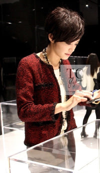 CHANEL 11A Red Black Zipper Collarless Braid Trim Tweed Jacket 38 シャネル レッド ブラック ジッパー ノーカラー ブレード トリム ツイード ジャケット 即発