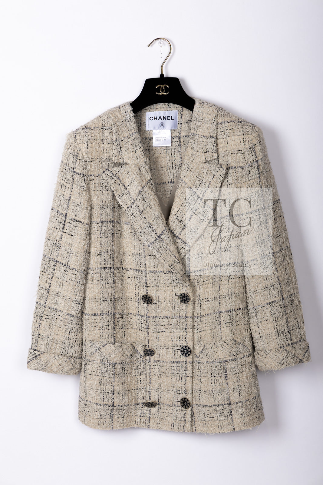 CHANEL 16C Beige Grey Cotton Tweed Double Jacket 44 46 シャネル ベージュ グレー コットン ツイード ダブル ジャケット 即発