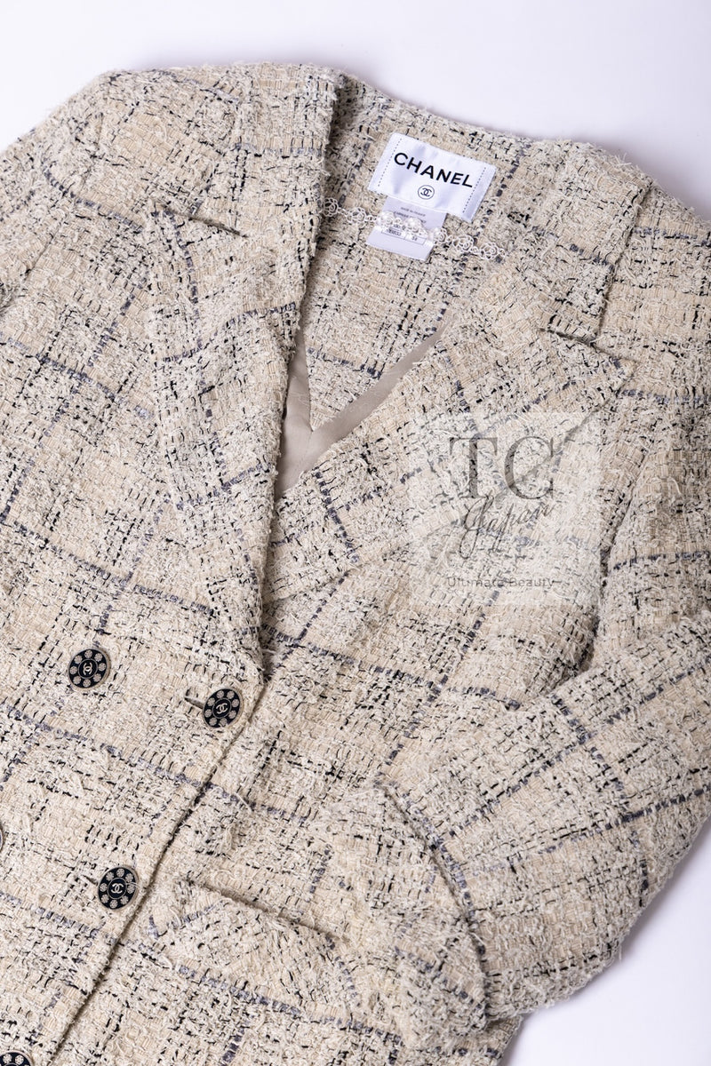 CHANEL 16C Beige Grey Cotton Tweed Double Jacket 44 46 シャネル ベージュ グレー コットン ツイード ダブル ジャケット 即発