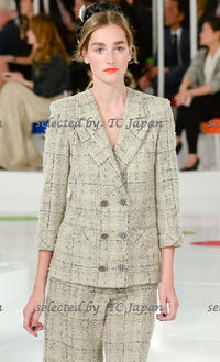 CHANEL 16C Beige Grey Cotton Tweed Double Jacket 44 46 シャネル ベージュ グレー コットン ツイード ダブル ジャケット 即発
