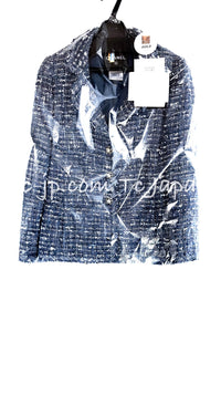 CHANEL 10S Blue Navy Metallic Pearl CC Button Tweed Jacket 38 シャネル ネイビー パール ココボタン ルサージュ ツイード ジャケット 即発