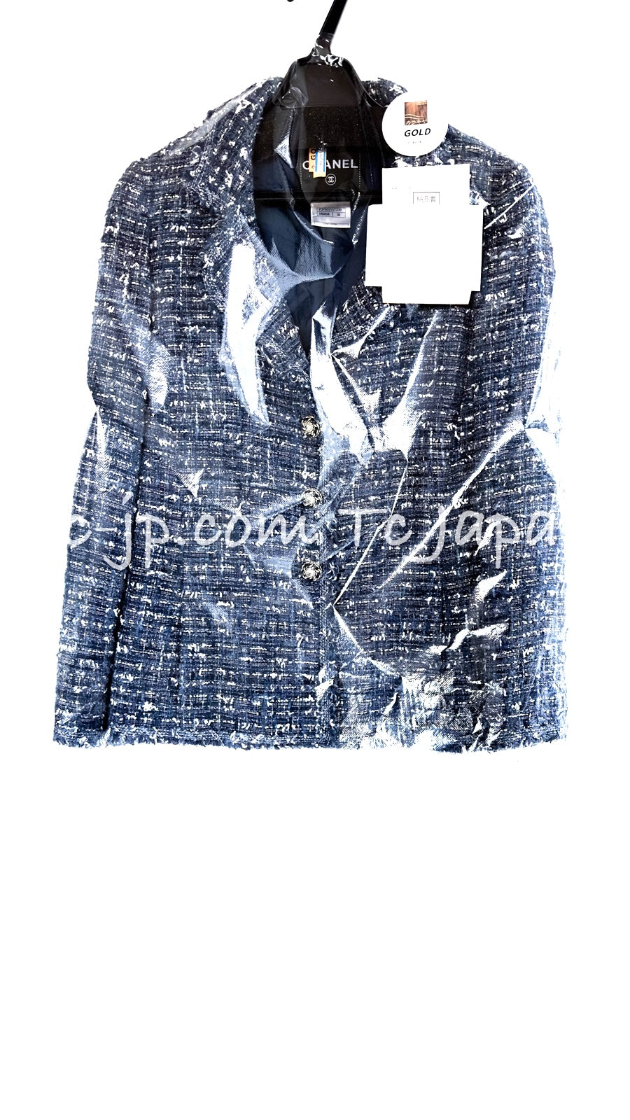 CHANEL 10S Blue Navy Metallic Pearl CC Button Tweed Jacket 38 シャネル ネイビー パール ココボタン ルサージュ ツイード ジャケット 即発