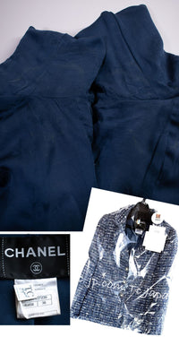 CHANEL 10S Blue Navy Metallic Pearl CC Button Tweed Jacket 38 シャネル ネイビー パール ココボタン ルサージュ ツイード ジャケット 即発