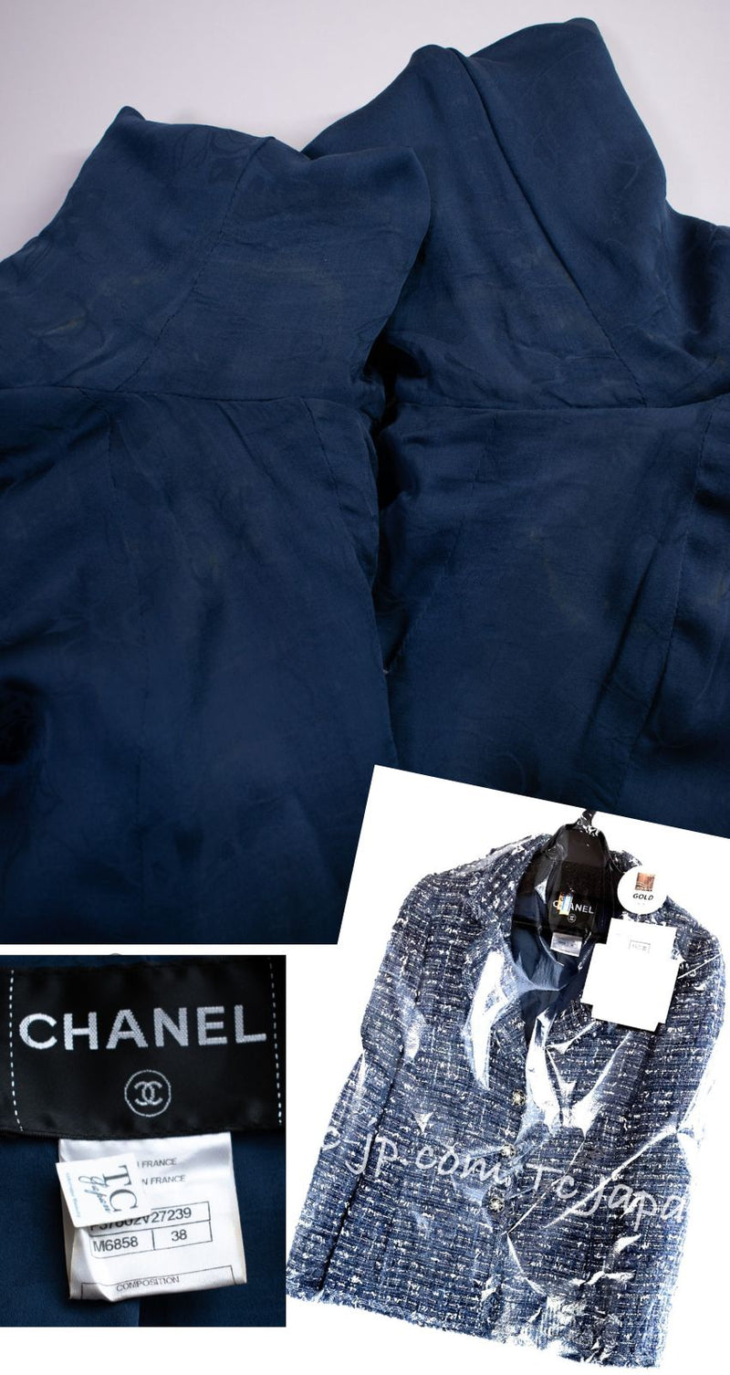 CHANEL 10S Blue Navy Metallic Pearl CC Button Tweed Jacket 38 シャネル ネイビー パール ココボタン ルサージュ ツイード ジャケット 即発