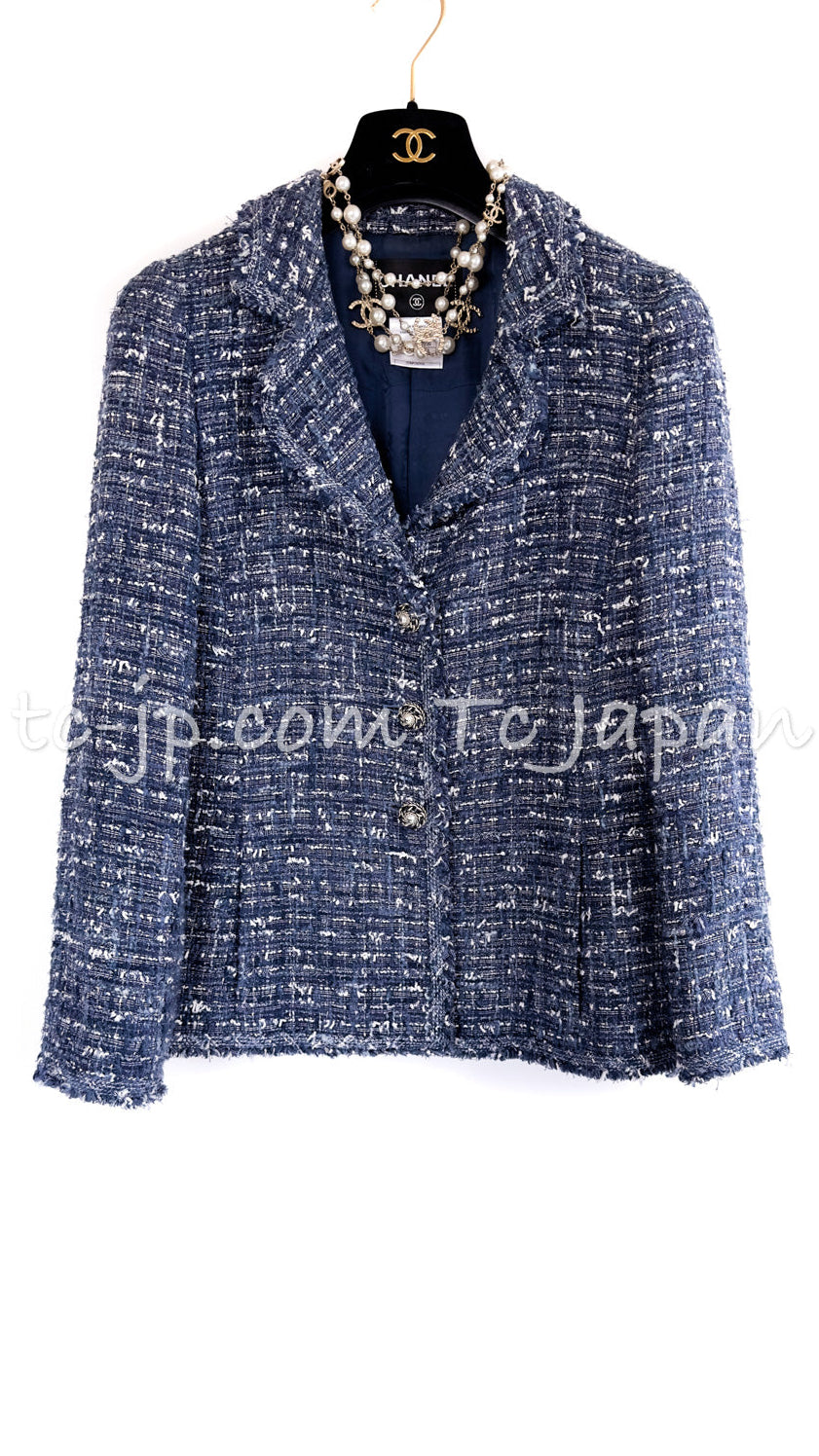 CHANEL 10S Blue Navy Metallic Pearl CC Button Tweed Jacket 38 シャネル ネイビー パール ココボタン ルサージュ ツイード ジャケット 即発