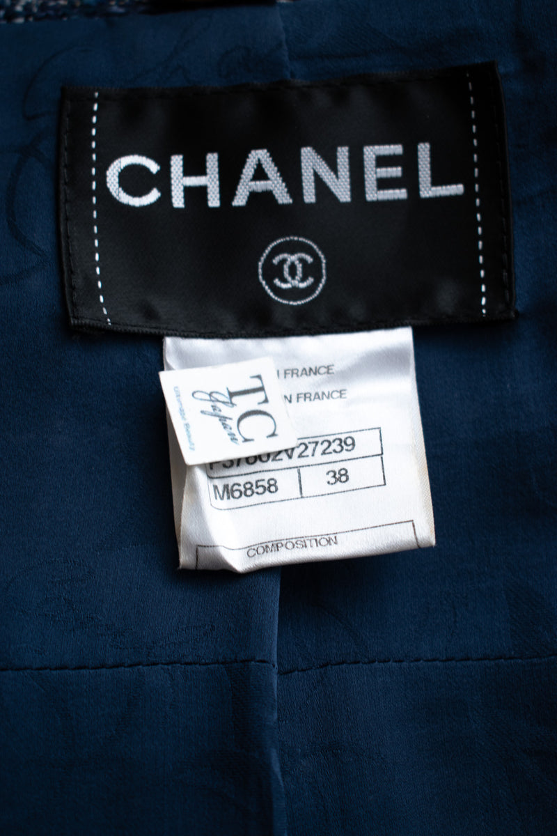 CHANEL 10S Blue Navy Metallic Pearl CC Button Tweed Jacket 38 シャネル ネイビー パール ココボタン ルサージュ ツイード ジャケット 即発