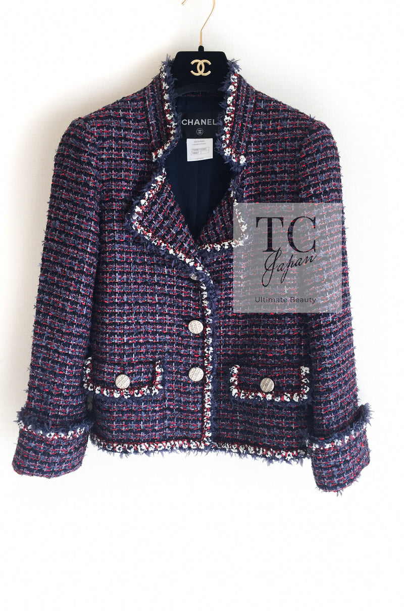 CHANEL 13C Navy Purple Red Ribbon Versailles Lesage Tweed Jacket 38 シャネル ネイビー パープル レッド リボン ベルサイユ ルサージュ ツイード ジャケット 即発