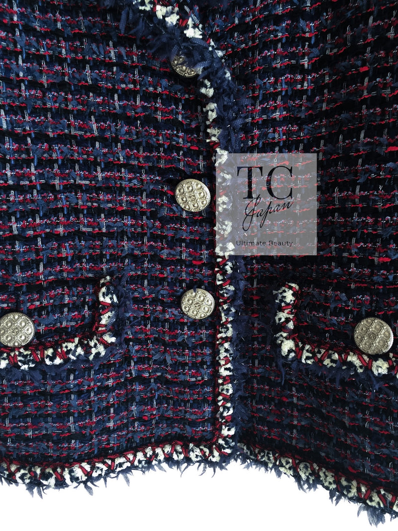 CHANEL 13C Navy Purple Red Ribbon Versailles Lesage Tweed Jacket 38 シャネル ネイビー パープル レッド リボン ベルサイユ ルサージュ ツイード ジャケット 即発