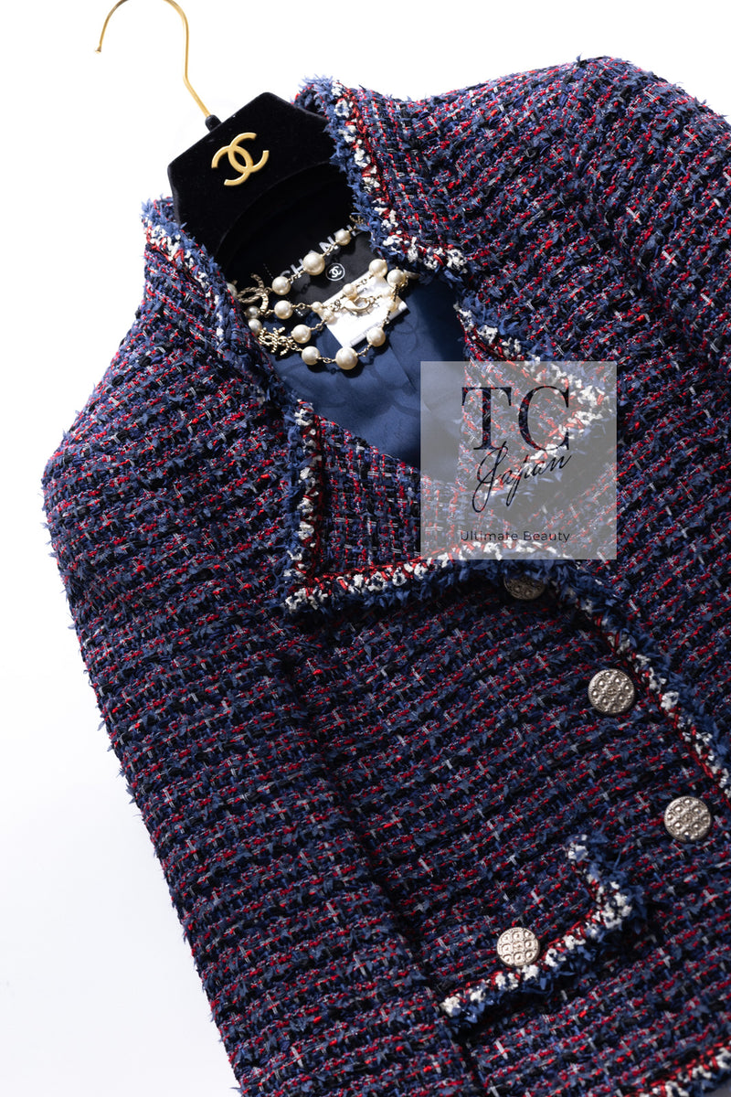 CHANEL 13C Navy Purple Red Ribbon Versailles Lesage Tweed Jacket 38 シャネル ネイビー パープル レッド リボン ベルサイユ ルサージュ ツイード ジャケット 即発