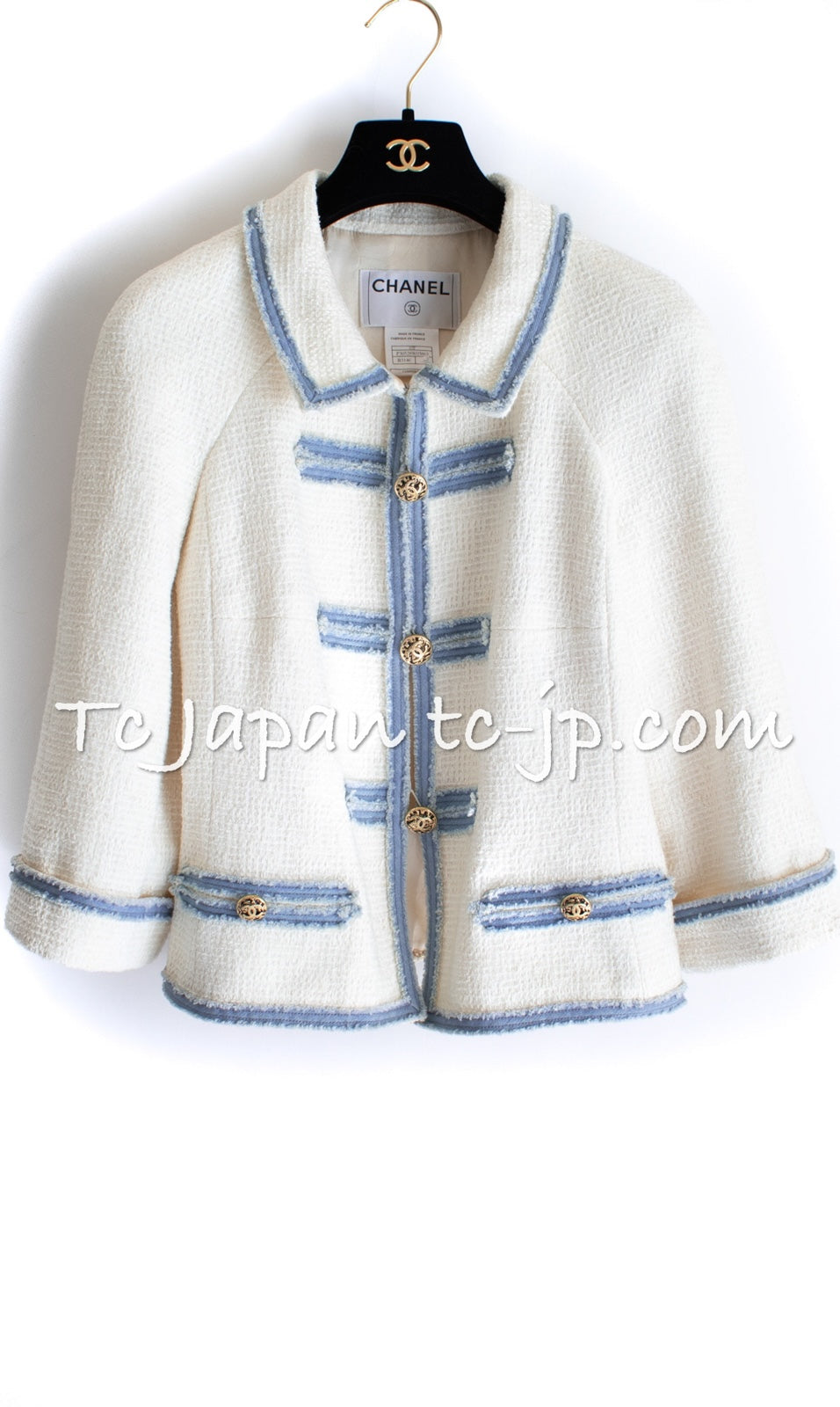CHANEL 07S Ivory Wash Blue Trim Cotton Jacket 40 シャネル アイボリー ライトブルー トリミング コットン ジャケット 即発