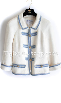 CHANEL 07S Ivory Wash Blue Trim Cotton Jacket 40 シャネル アイボリー ライトブルー トリミング コットン ジャケット 即発