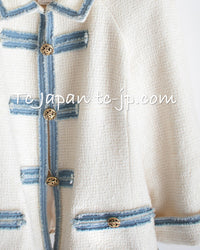 CHANEL 07S Ivory Wash Blue Trim Cotton Jacket 40 シャネル アイボリー ライトブルー トリミング コットン ジャケット 即発
