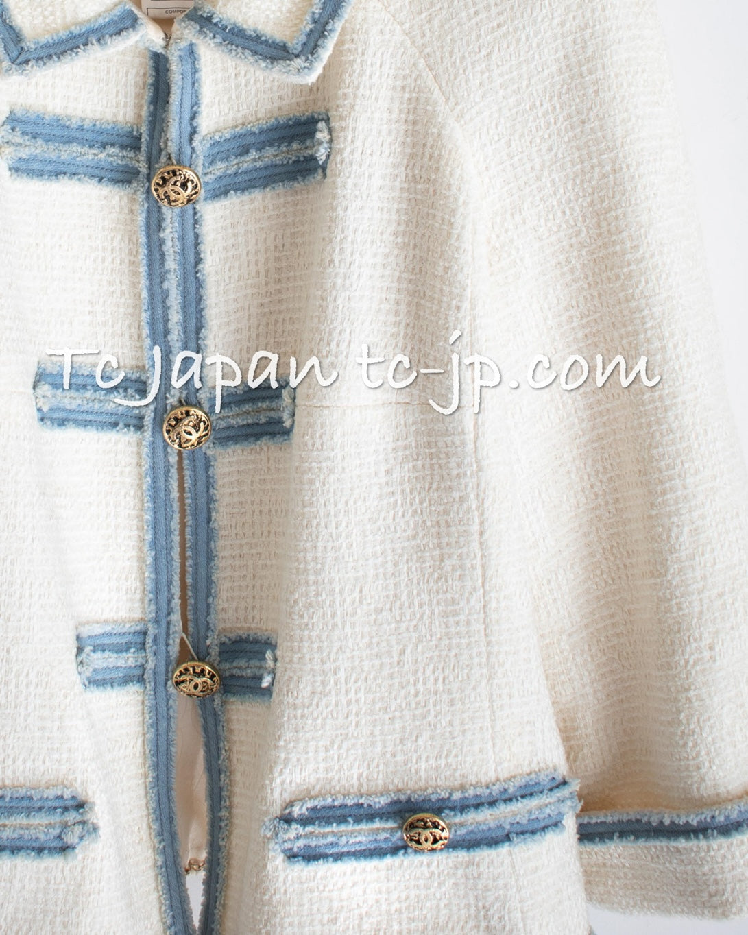 CHANEL 07S Ivory Wash Blue Trim Cotton Jacket 40 シャネル アイボリー ライトブルー トリミング コットン ジャケット 即発