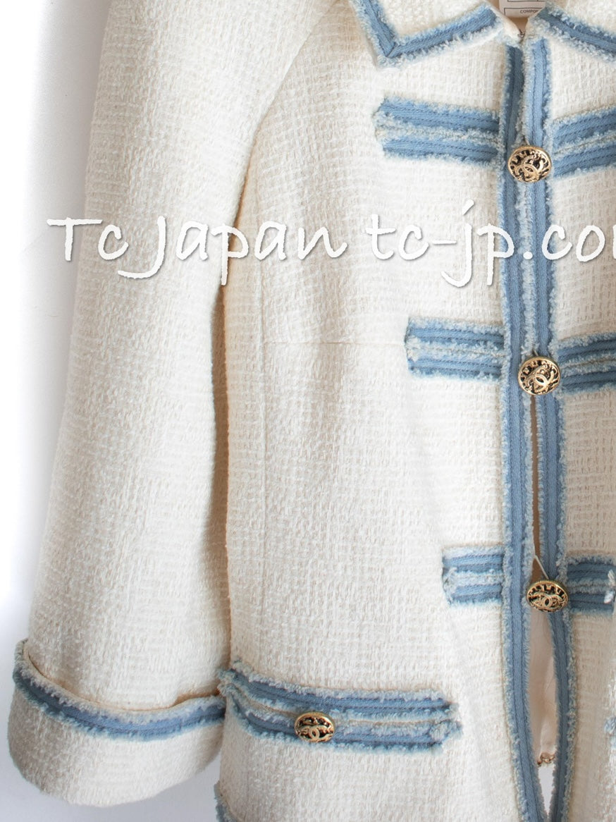 CHANEL 07S Ivory Wash Blue Trim Cotton Jacket 40 シャネル アイボリー ライトブルー トリミング コットン ジャケット 即発