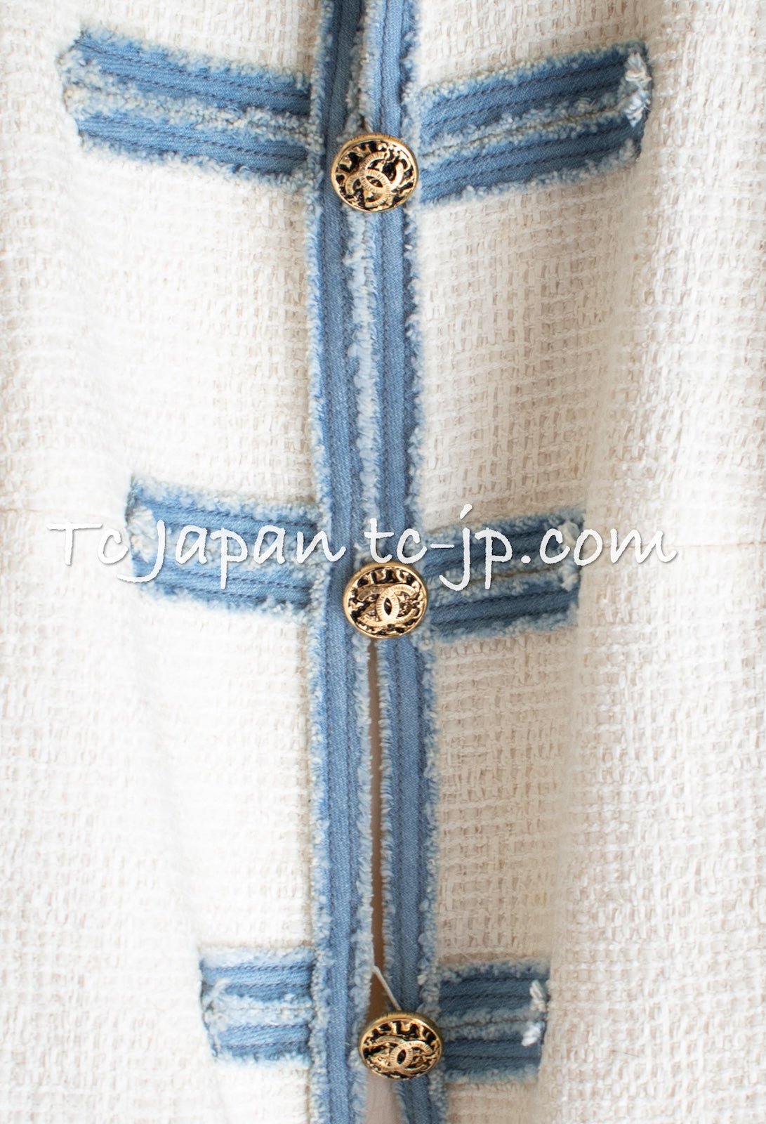 CHANEL 07S Ivory Wash Blue Trim Cotton Jacket 40 シャネル アイボリー ライトブルー トリミング コットン ジャケット 即発