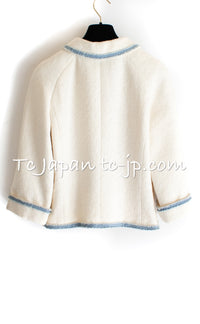 CHANEL 07S Ivory Wash Blue Trim Cotton Jacket 40 シャネル アイボリー ライトブルー トリミング コットン ジャケット 即発