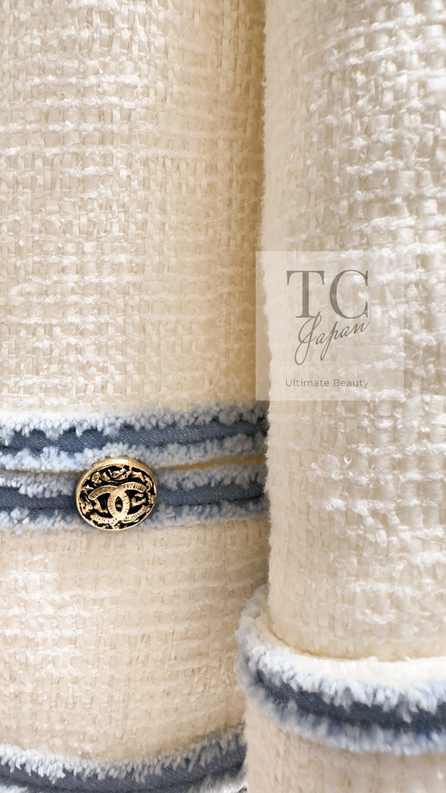 CHANEL 07S Ivory Wash Blue Trim Cotton Jacket 40 シャネル アイボリー ライトブルー トリミング コットン ジャケット 即発