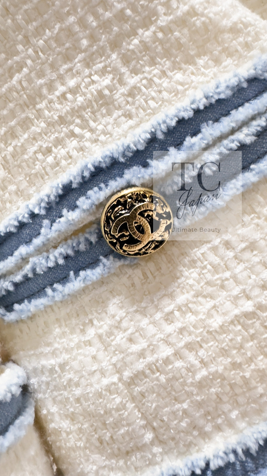 CHANEL 07S Ivory Wash Blue Trim Cotton Jacket 40 シャネル アイボリー ライトブルー トリミング コットン ジャケット 即発