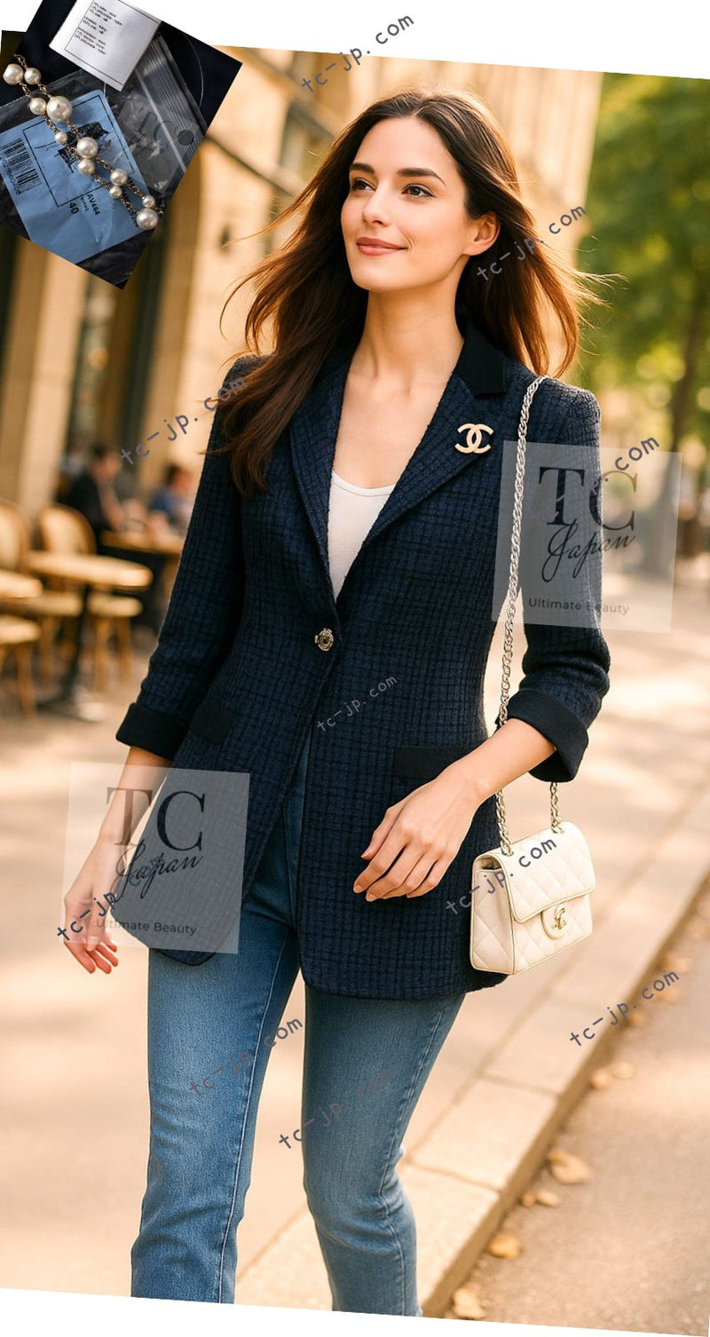 CHANEL 11S Navy Black CC Logo Button Wool Silk Jacket 40 シャネル ネイビー ブラック ココボタン ウール シルク ジャケット 即発