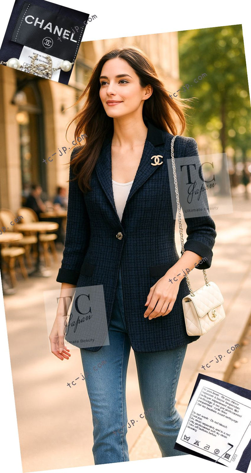 CHANEL 11S Navy Black CC Logo Button Wool Silk Jacket 40 シャネル ネイビー ブラック ココボタン ウール シルク ジャケット 即発