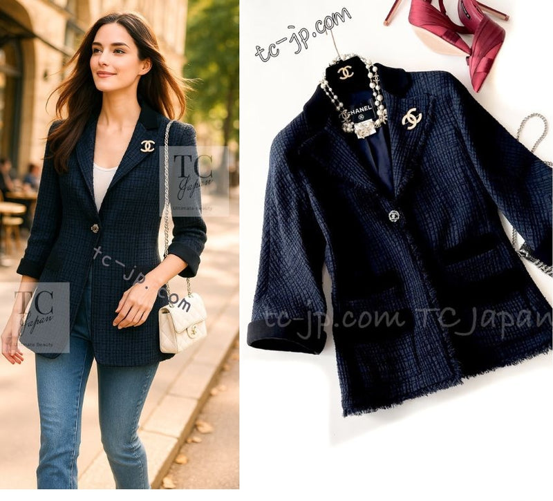 CHANEL 11S Navy Black CC Logo Button Wool Silk Jacket 40 シャネル ネイビー ブラック ココボタン ウール シルク ジャケット 即発
