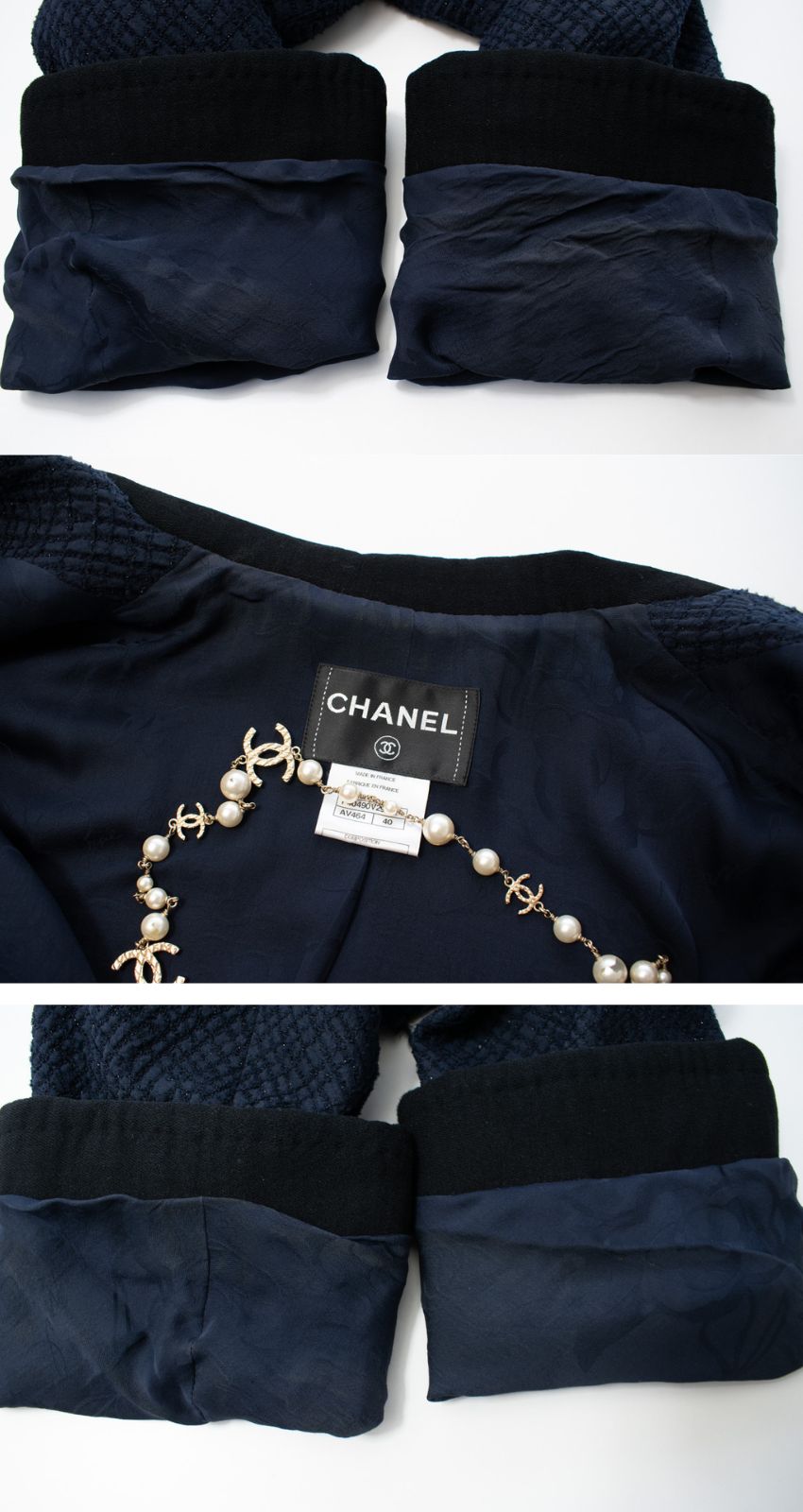 CHANEL 11S Navy Black CC Logo Button Wool Silk Jacket 36 40 シャネル ネイビー ブラック ココボタン ウール シルク ジャケット 即発