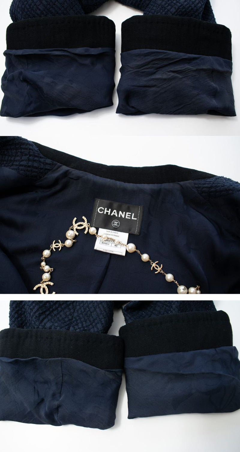 CHANEL 11S Navy Black CC Logo Button Wool Silk Jacket 36 40 シャネル ネイビー ブラック ココボタン ウール シルク ジャケット 即発
