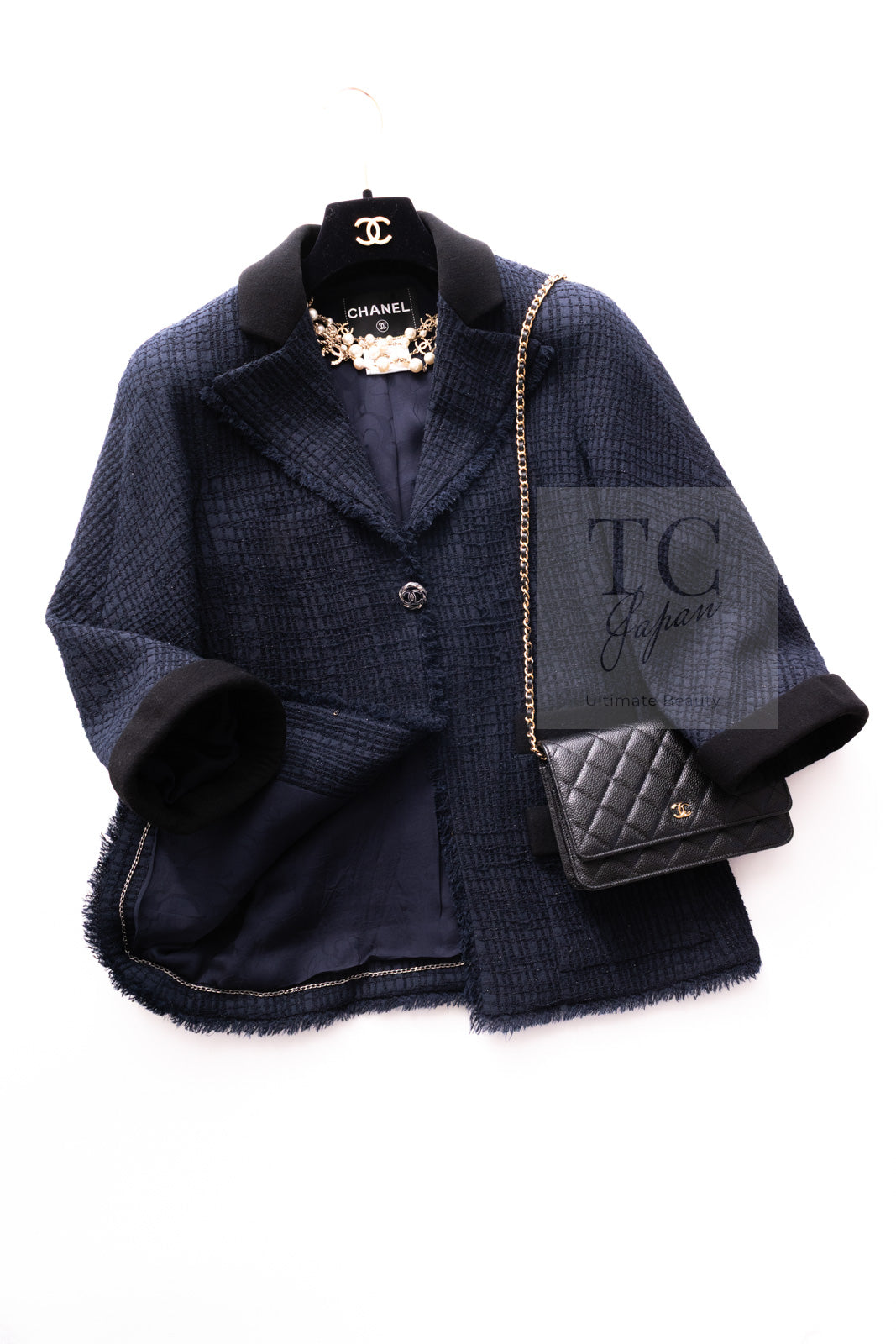 CHANEL 11S Navy Black CC Logo Button Wool Silk Jacket 40 シャネル ネイビー ブラック ココボタン ウール シルク ジャケット 即発