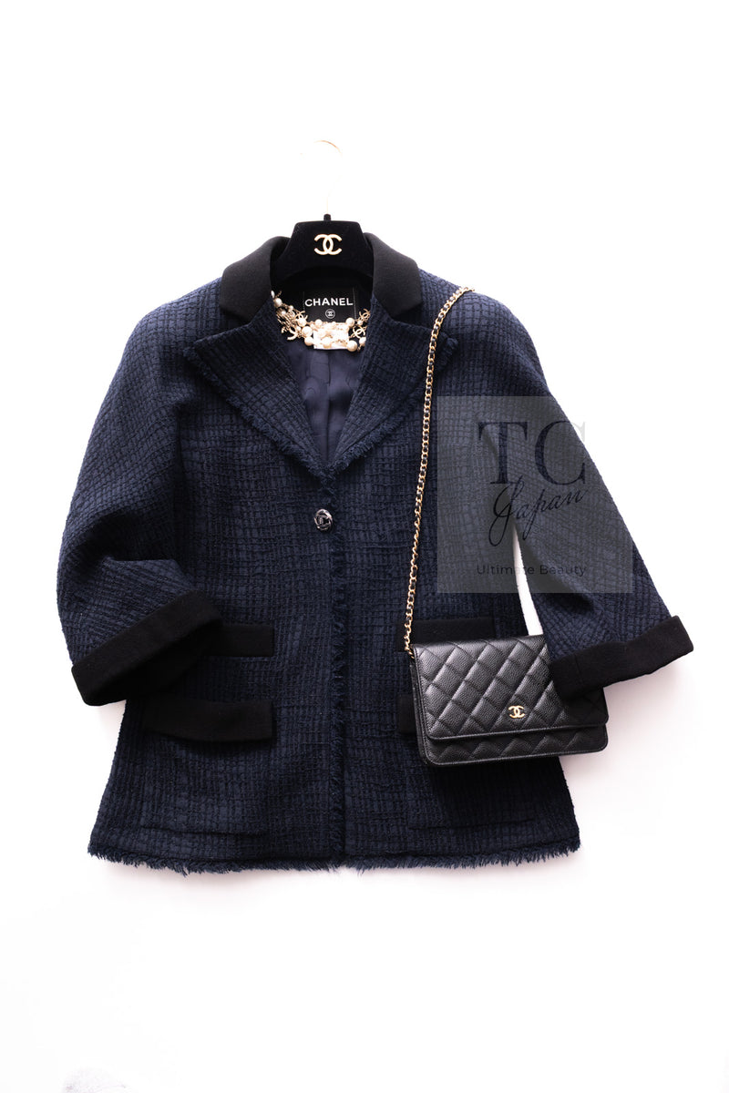 CHANEL 11S Navy Black CC Logo Button Wool Silk Jacket 40 シャネル ネイビー ブラック ココボタン ウール シルク ジャケット 即発