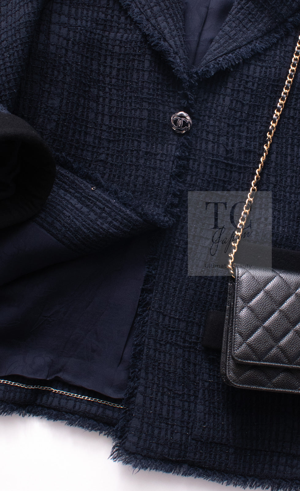 CHANEL 11S Navy Black CC Logo Button Wool Silk Jacket 40 シャネル ネイビー ブラック ココボタン ウール シルク ジャケット 即発