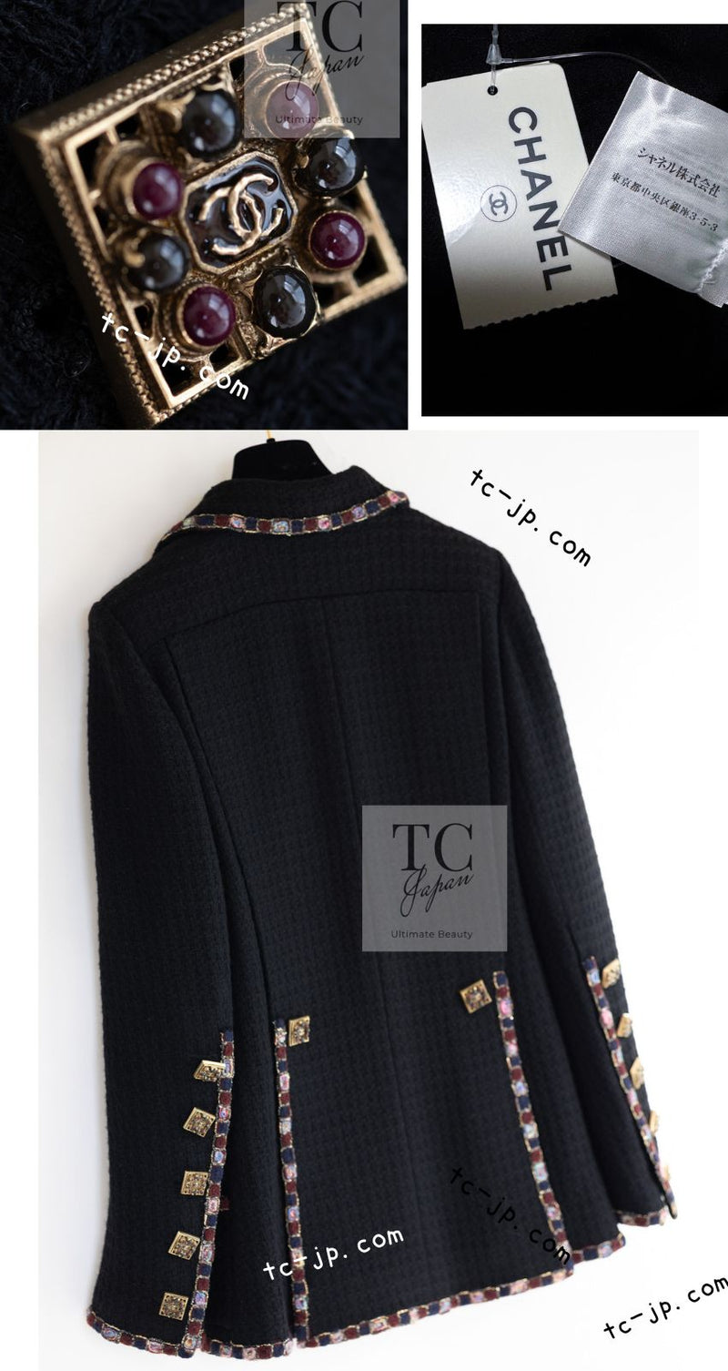 CHANEL 11PF Black Gripoix Button Wool Tweed Jacket Coat 36 38 シャネル ブラック グリポア 宝石 ボタン ウール ツイード ジャケット コート 即発