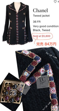 CHANEL 11PF Black Gripoix Button Wool Tweed Jacket Coat 36 38 シャネル ブラック グリポア 宝石 ボタン ウール ツイード ジャケット コート 即発