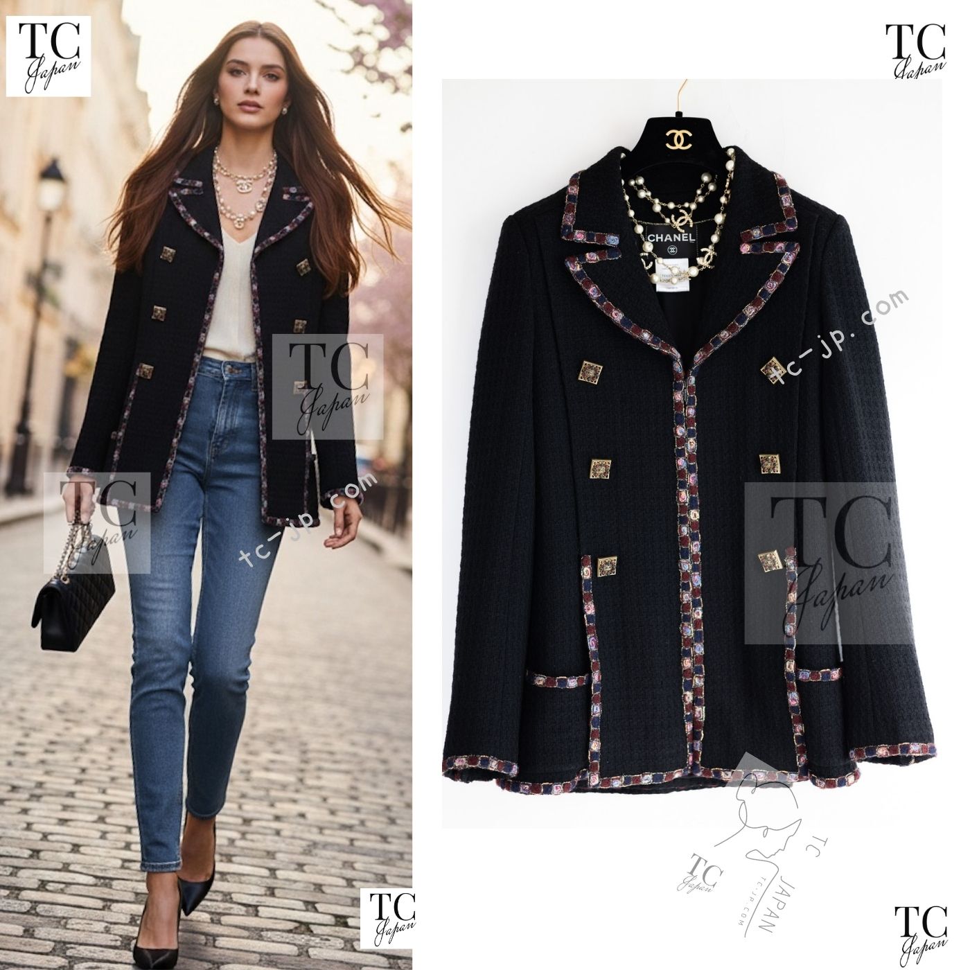 CHANEL 11PF Black Gripoix Button Wool Tweed Jacket Coat 36 38 シャネル ブラック グリポア 宝石 ボタン ウール ツイード ジャケット コート 即発