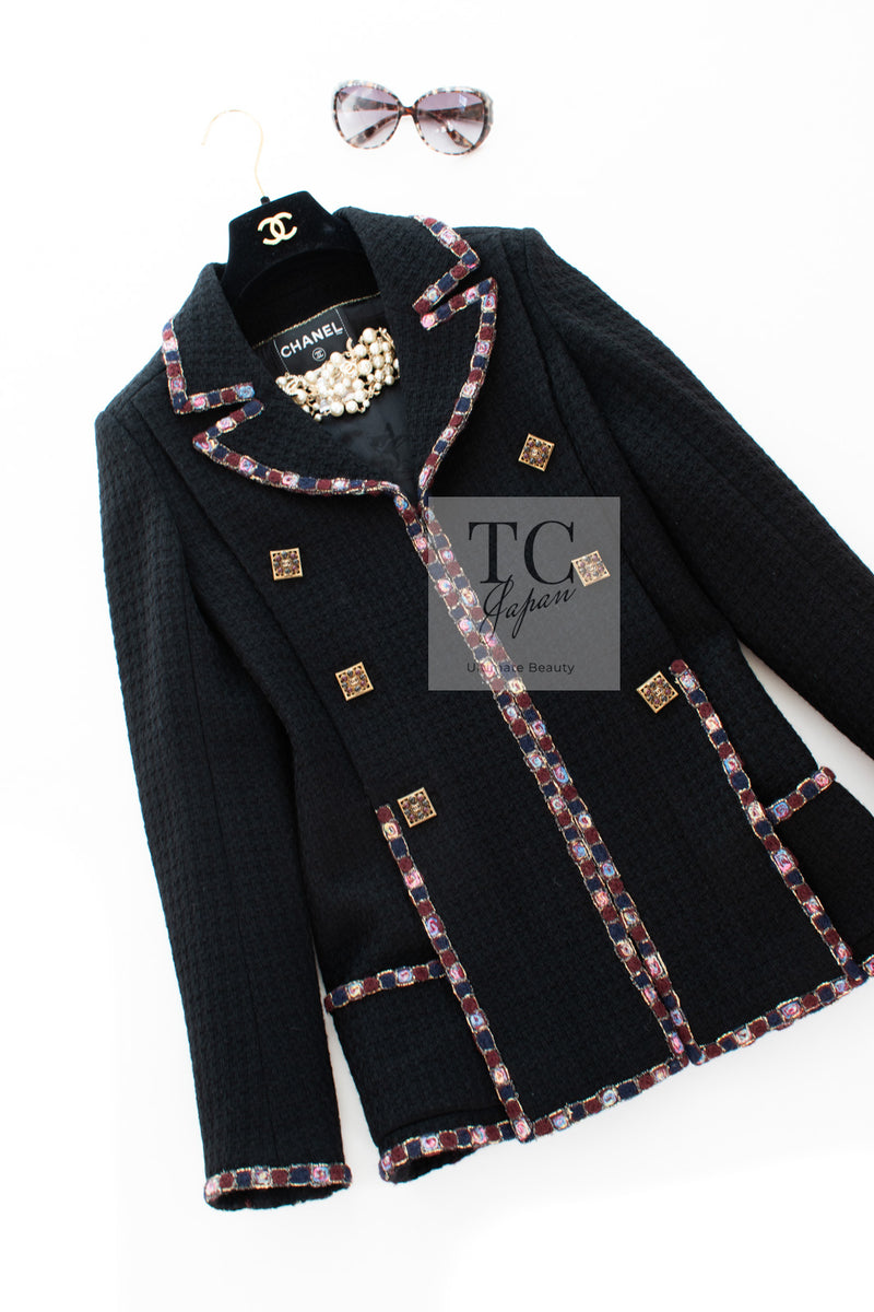 CHANEL 11PF Black Gripoix Button Wool Tweed Jacket Coat 36 38 シャネル ブラック グリポア 宝石 ボタン ウール ツイード ジャケット コート 即発