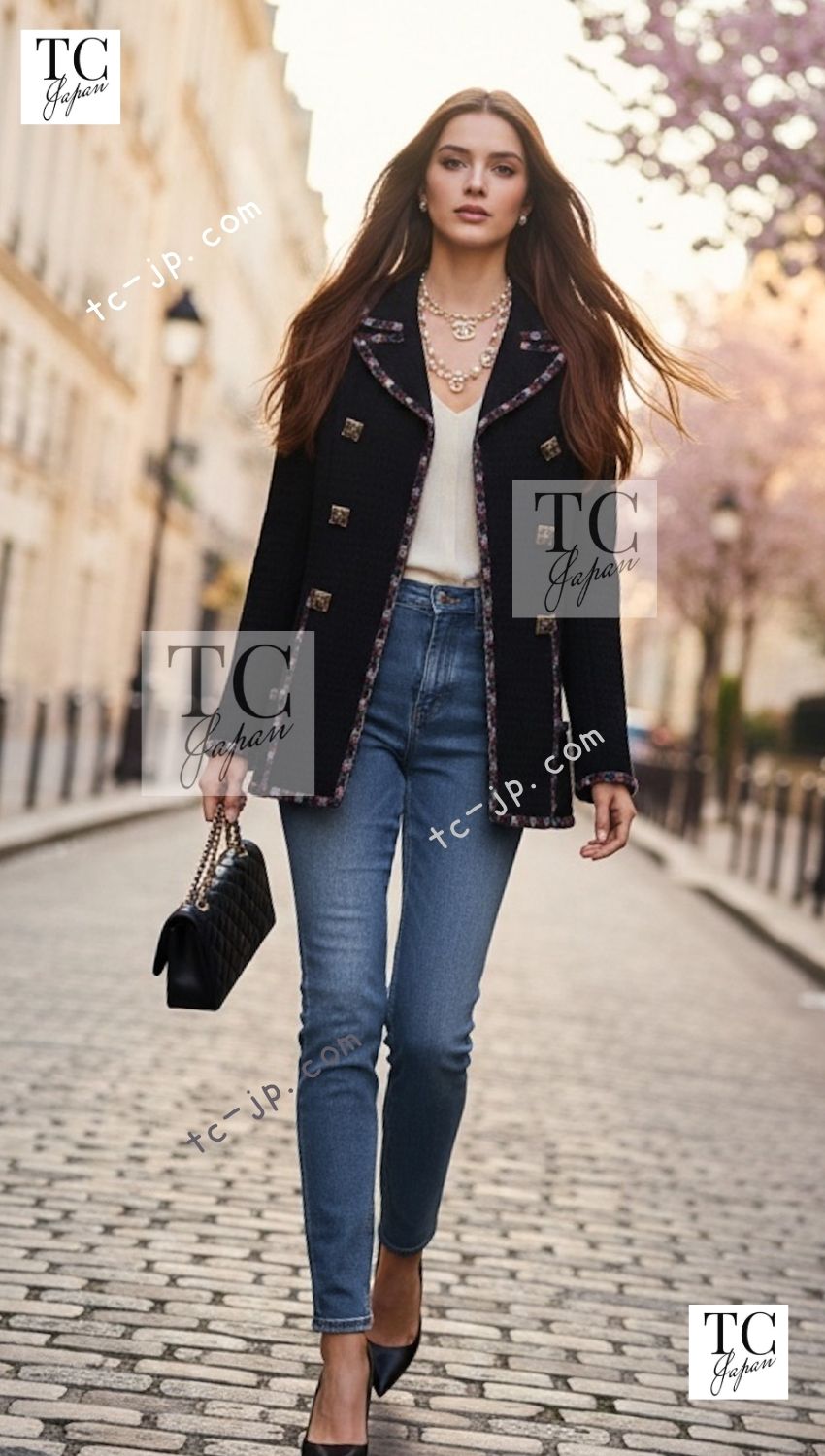 CHANEL 11PF Black Gripoix Button Wool Tweed Jacket Coat 36 38 シャネル ブラック グリポア 宝石 ボタン ウール ツイード ジャケット コート 即発