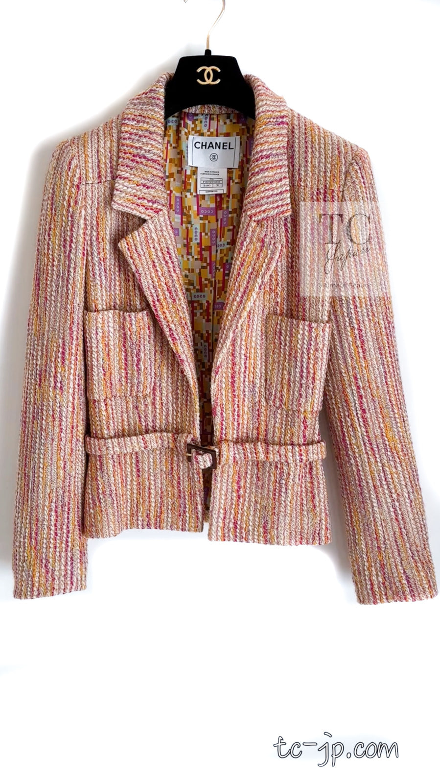 CHANEL 01A Orange Yellow Magenta Belt Jacket 34 36 シャネル オレンジ イエロー マルチ カラー ロゴ ベルト ツイード ジャケット 即発